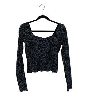 GUESS Navy Polka Dot Long Sleeve Mesh Overlay Top — Size M